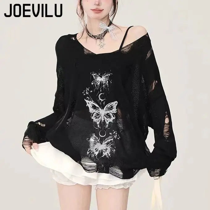 Sexy Graffiti Butterfly Hollow-out Knit Tops Summer Thin Sunscreen Cover Shirt Loose Casual Versatile Y2K Long Sleeve Blouses