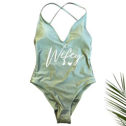 Sexy Padded Wifey One Piece Swimsuit bride Swimwear Women Backless Rose gold Bathing Suit Summer Beachwear monokini Thong