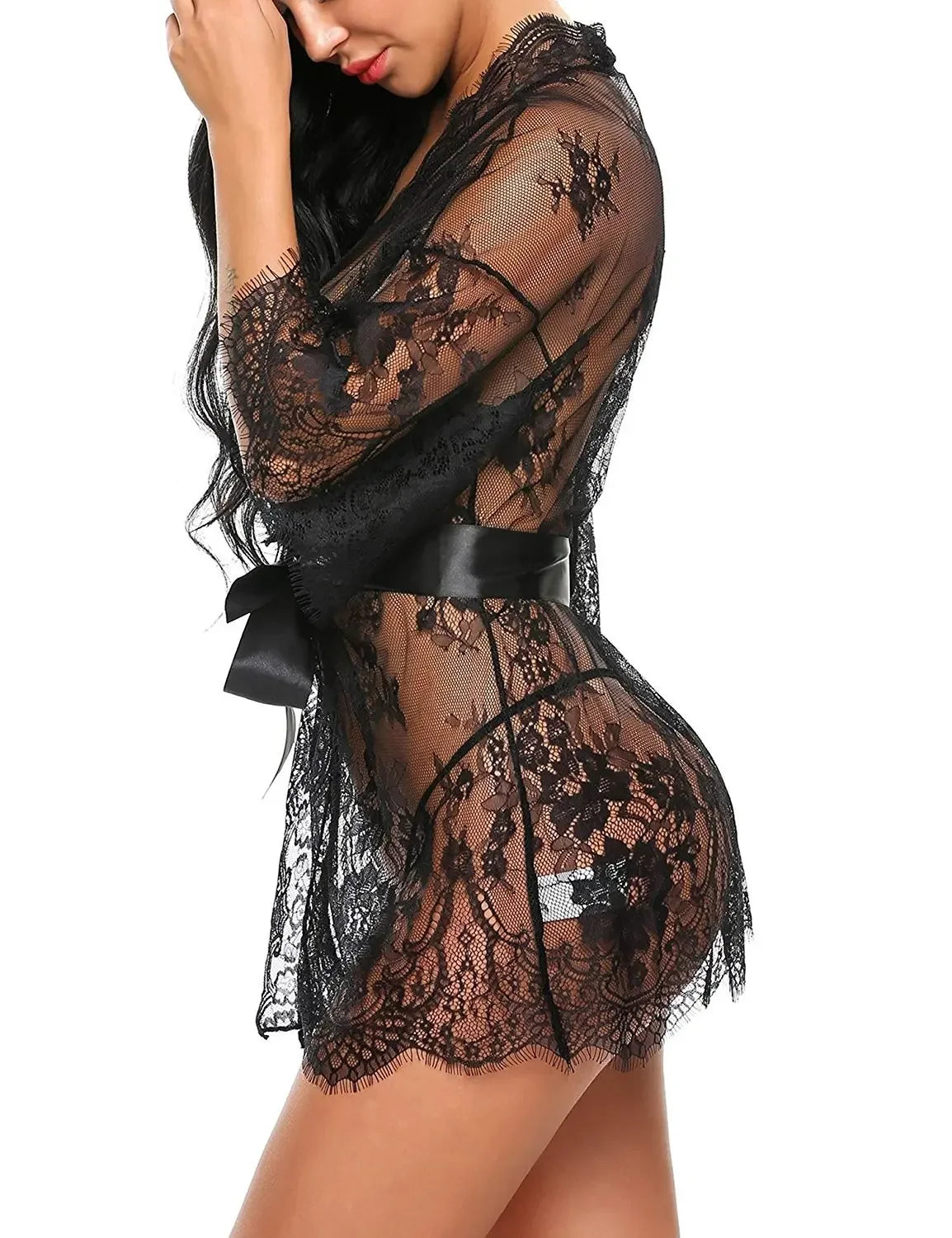 New Sexy Lace Transparent Ruffles Robe Women Lingerie See-through Babydolls Underwear Sleepwear Night Dress Erotic Sex Clothes