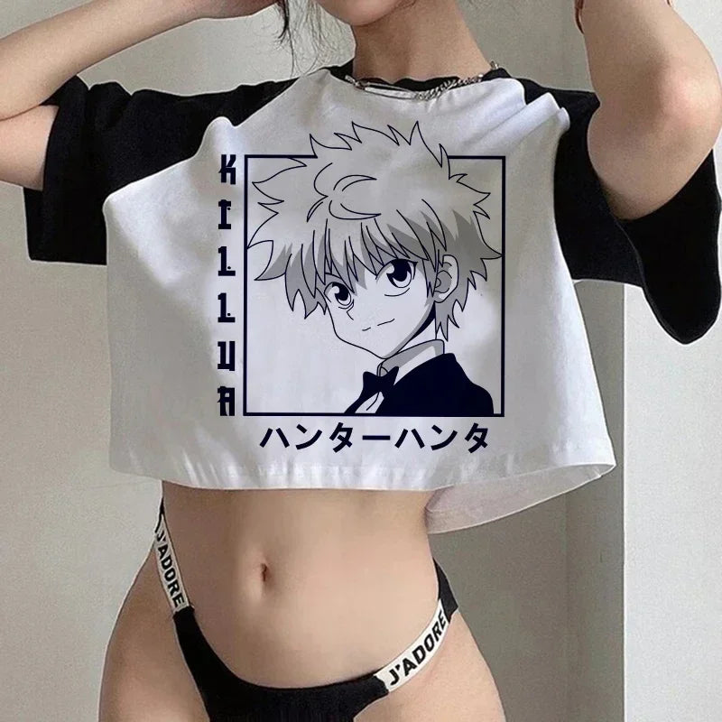 Crop Top T-shirt Hunter X Hunter Tees Cropped Harajuku Cartoon Killua Tshirt Funny Japanese Anime Hisoka T Shirt Tops Y2k Manga