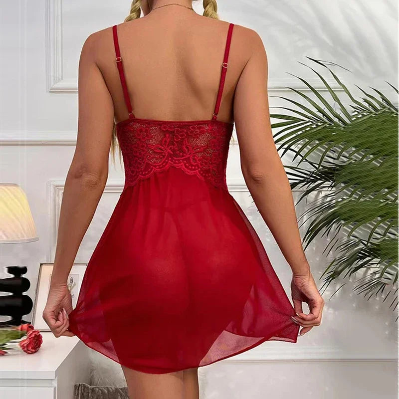 2025 Hot Halter Bra Set Women Sexy Lingerie Set Solid Mesh Lace Patchwork Chemises Underwear Set with Dress Erotic Costumes