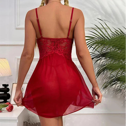 2025 Hot Halter Bra Set Women Sexy Lingerie Set Solid Mesh Lace Patchwork Chemises Underwear Set with Dress Erotic Costumes