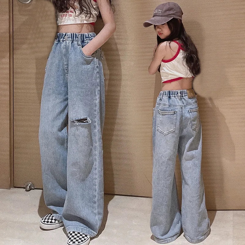 Teenage Girls Jeans 2026 Spring Fall Casual Fashion Loose Ripped Hole Kids Retro Korea Pants School Children Trousers 6 8 10 12Y