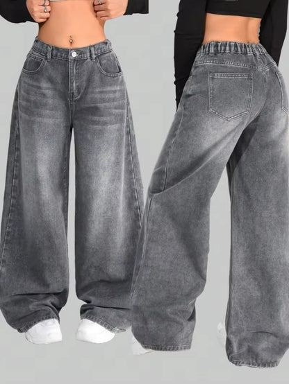 Y2K New Fashion Pink Pattern Patch Loose Jeans Women Gothic Harajuku Hip Hop Casual Joker Wide Leg Denim Trousers