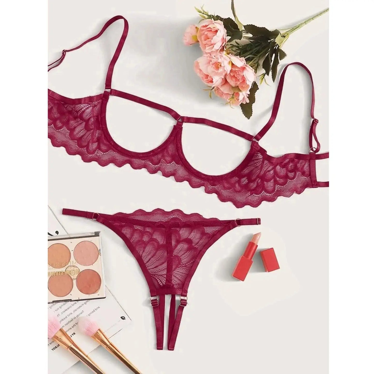 Toucheart 2-piece Set Showing Breasts Sexy Interesting Underwear Women Solid Color Mesh Hollow Out See-through Sexy Lingerie Set