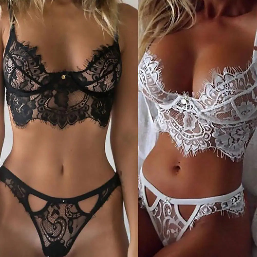Sexy Ultra Thin Lace Sexy Lingerie Set Hot Underwear Women Set Bra and Panty Thong Set Transparent Lace Black Open Intimates