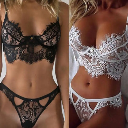 Sexy Ultra Thin Lace Sexy Lingerie Set Hot Underwear Women Set Bra and Panty Thong Set Transparent Lace Black Open Intimates