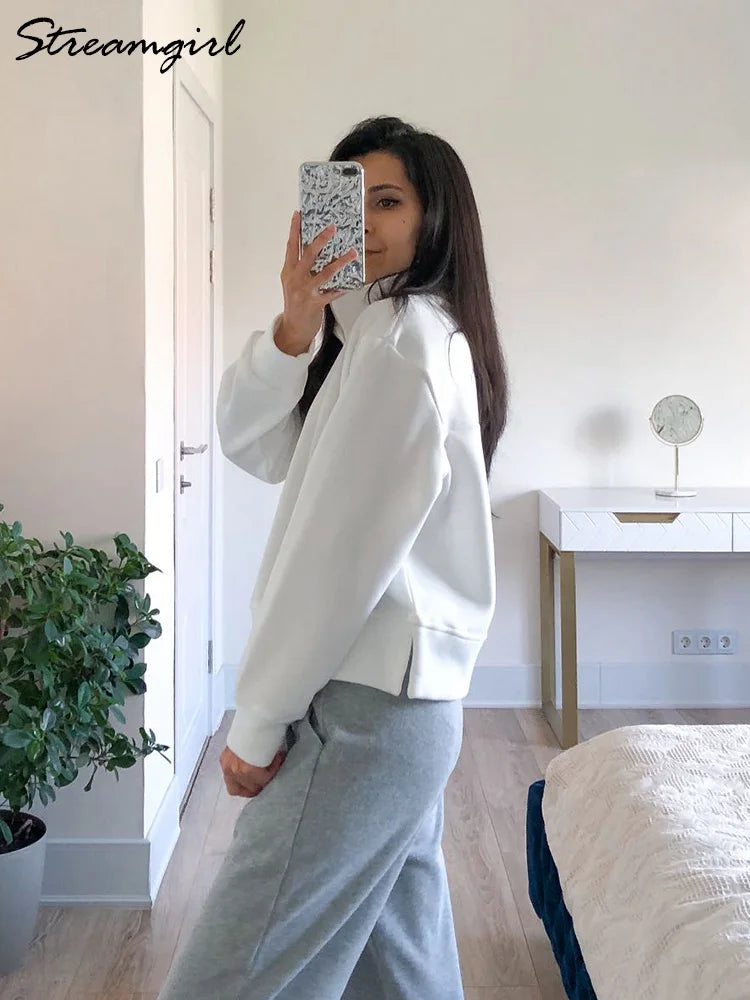 Winter Velvet Sweatshirt For Women With Half Zipper Coats Basic Green Oversize Warm Fleece Half Zip Up Sweatshirt Pullover Women
