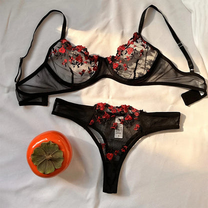 Embroidery Floral Ultra-thin Exquisite Transparent Women Underwear Bra Set
