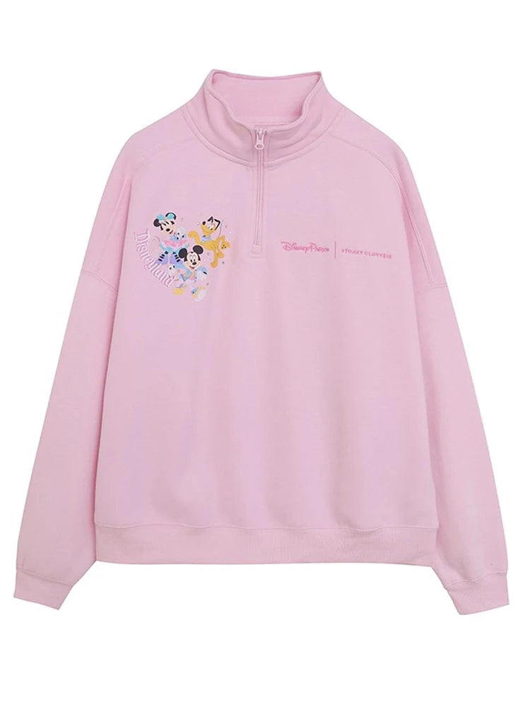 Disney Pink Disneyland Letter Embroidery Cartoon Mickey Minnie Cute Print Sweatshirt Zipper Women Jumper Fleece Pullover Unisex