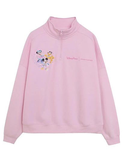 Disney Pink Disneyland Letter Embroidery Cartoon Mickey Minnie Cute Print Sweatshirt Zipper Women Jumper Fleece Pullover Unisex