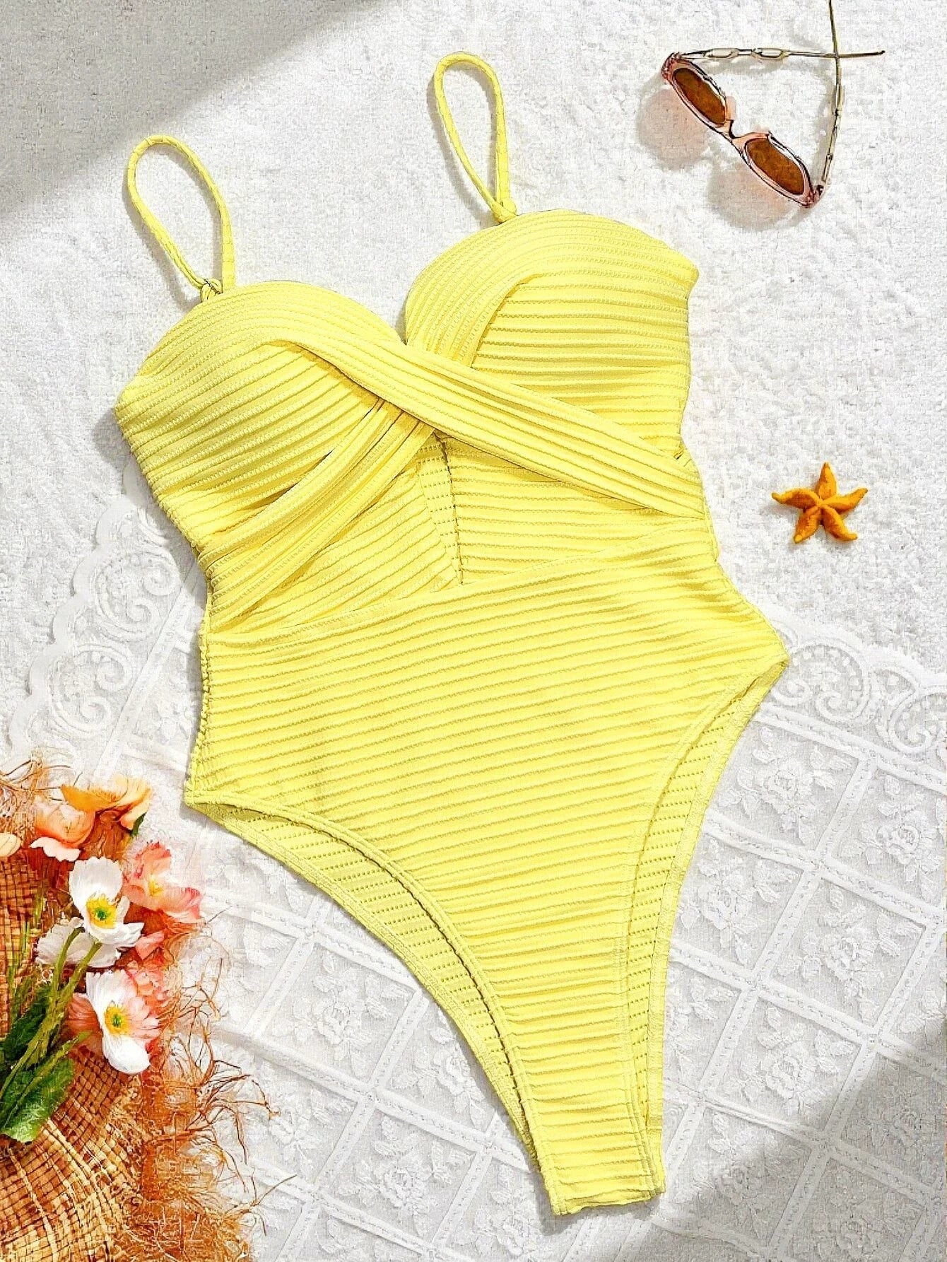 Sexy Yellow Swimwear Women 2026 Hollow Out Cross Slim Tummy Control One Piece Swimsuit Beach Backless Bathing Suit Monokini