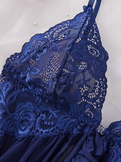 Blue Contrast Lace Ruffle Trim Lingerie Set Women's Nightdress See Through Deep V Mini Dress and Thong Nightgowns Underwear