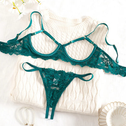 Toucheart 2 Piece Set Sexy Interesting Underwear Set for Women Solid Color Lace Mesh See-through Bra Exotic Sexy Lingerie Set