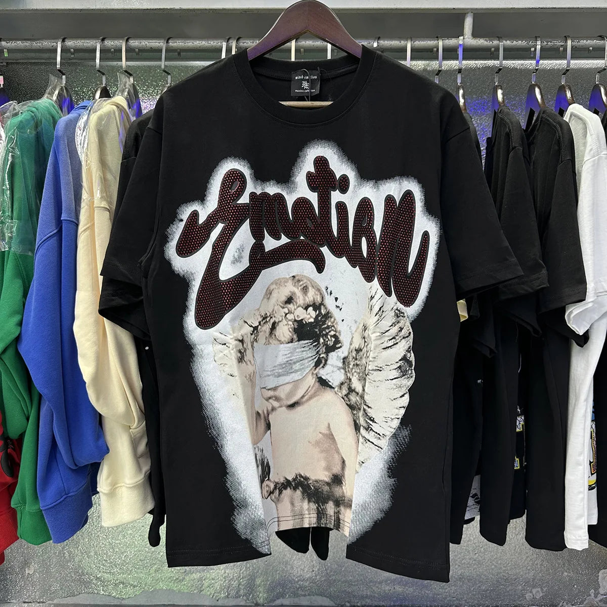 MIXED EMOTION Shirt Rhinestone Short Sleeve Men Women T-shirt Streetwear 100% Cotton Loose Round Neck Top Tees Oversized Tee Top