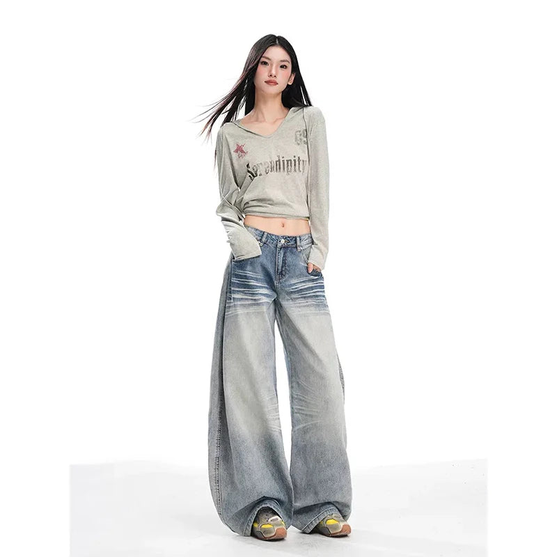 YIBASHU Summer Women's Denim Pants Y2K Baggy Wide Fit Jean Japanese Harajuku Grunge Stacked Jeans Kpop 2000s Punk Boyfriend New