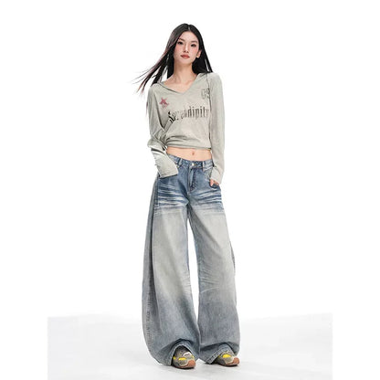 YIBASHU Summer Women's Denim Pants Y2K Baggy Wide Fit Jean Japanese Harajuku Grunge Stacked Jeans Kpop 2000s Punk Boyfriend New