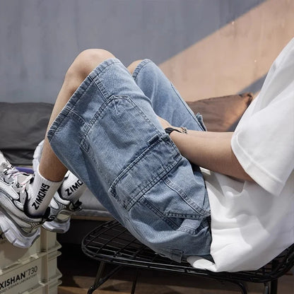 Summer Men's High Street Baggy Cargo Denim Shorts 2026 New Y2K Vintage Drawstring Jorts Hip Hop Fashion Blue Short Jean Pants