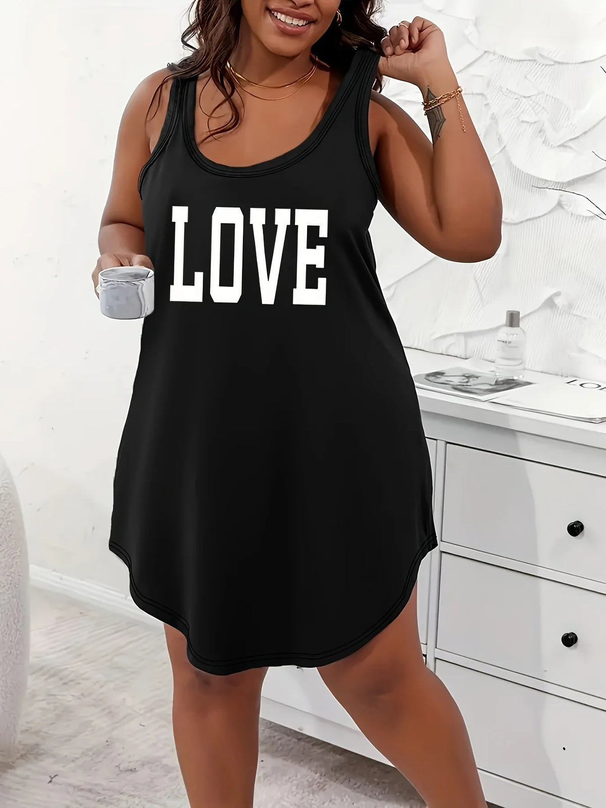 [Plus Size Tank Dress] Women's Plus Size "LOVE"Letter  Print Sleeveless Tank Tank Dress Nightgown - Ultra-Comfortable Home Sleepwear
