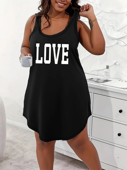 [Plus Size Tank Dress] Women's Plus Size "LOVE"Letter  Print Sleeveless Tank Tank Dress Nightgown - Ultra-Comfortable Home Sleepwear