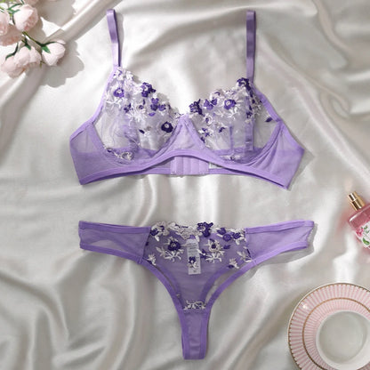 Embroidery Floral Ultra-thin Exquisite Transparent Women Underwear Bra Set