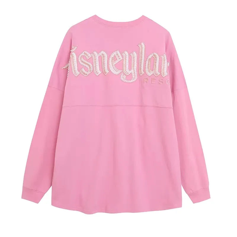 Disney World Letter Mickey Mouse Cartoon Print Embroidery Flares Pearl Pink Sweatshirt Sweet Women Long Sleeve Loose Jumper Tops