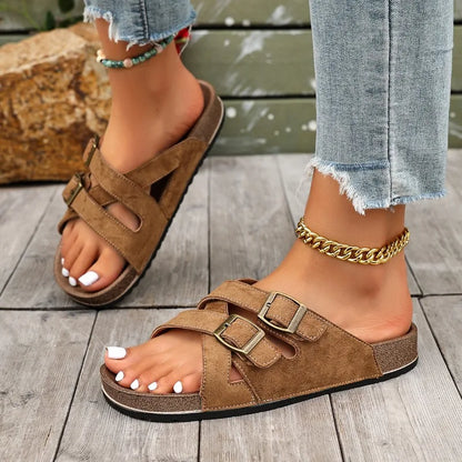 Women Brown Suede Slide Sandals with Double Buckle Straps Open Toe Platform Sole Comfortable Casual Summer Shoes for Ladies