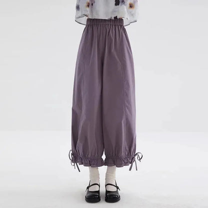 Women's Black High Waist Wide Leg Pants Drawstring Cuff Ruffled Casual Trousers