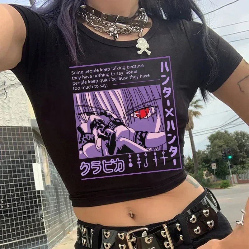 Crop Top T-shirt Hunter X Hunter Tees Cropped Harajuku Cartoon Killua Tshirt Funny Japanese Anime Hisoka T Shirt Tops Y2k Manga