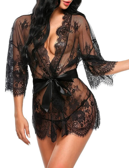 Women Sexy Lingerie Babydoll Erotic Transparent V-Neck Nightdress Robe G-string Costume Lace Sleepwear Dress