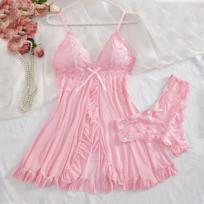 Blue Contrast Lace Ruffle Trim Lingerie Set Women's Nightdress See Through Deep V Mini Dress and Thong Nightgowns Underwear