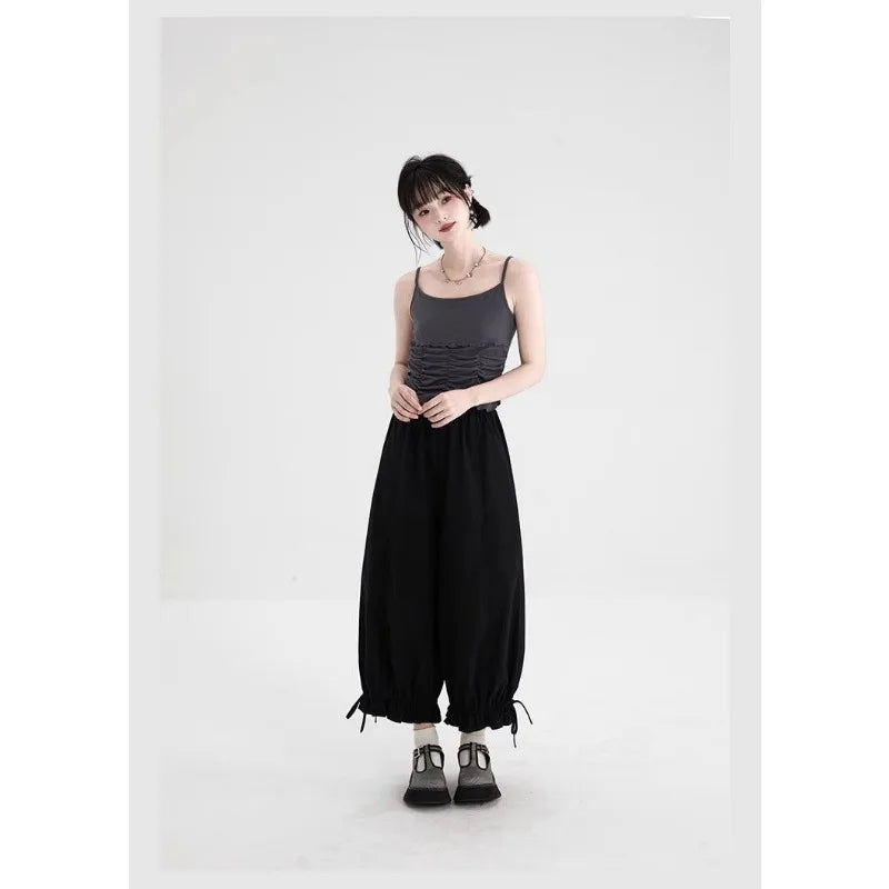 Women's Black High Waist Wide Leg Pants Drawstring Cuff Ruffled Casual Trousers