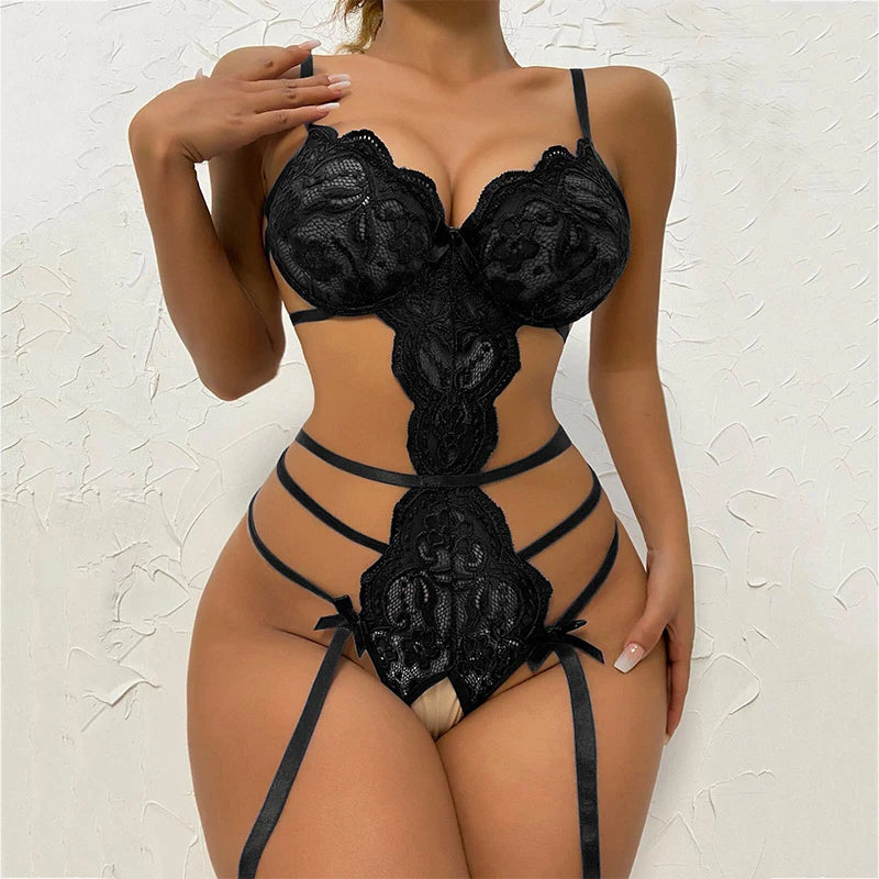Hot Lace Bodysuit Babydoll Pajamas Set Garter Deep V Open Bra Crotchless Women's See-Through Corset Sex Lingerie Exotic Apparel