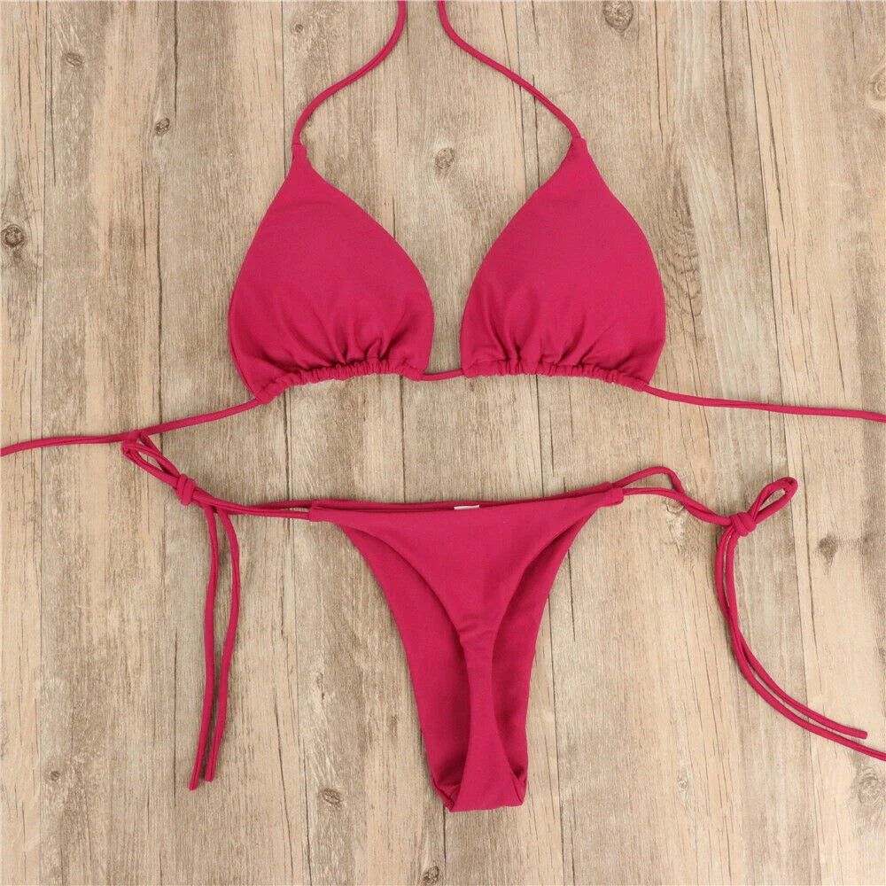 Women Thong Bikini Set Side Tie Sexy Swimsuit Bandage Style Brazilian Swimwear Woman Clothing Red/Blue/Black/White/Wine Red/Pink