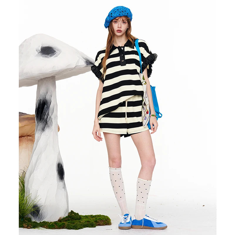 ELFSACK Women's Striped Knit Two-Piece Set, Organza Trim Polo Top & Shorts Set, Casual Black White Summer Tracksuit
