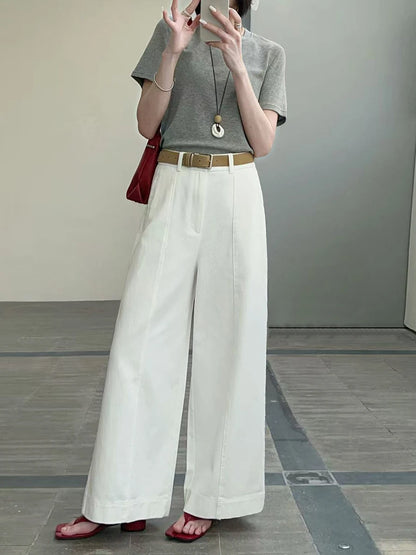 White High Waist Straight Leg Wide Leg Pants Nine Points Drapey Slimming Casual Trousers for Small Women Spring Summer New Style