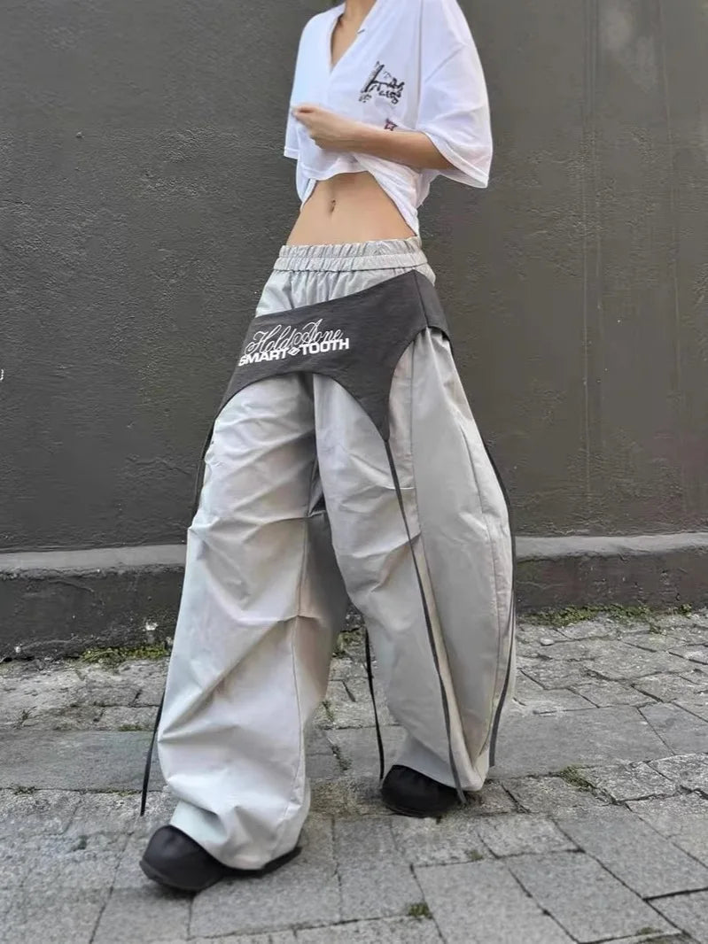 Women's Dance Y2K Style Pants Cross Layer Straps Design Casual Streetwear Wide Leg Cargo Pants For Hip Hop Dance Colorful