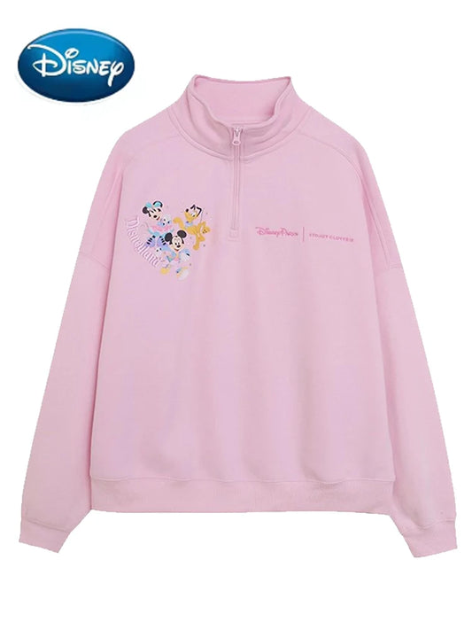 Disney Pink Disneyland Letter Embroidery Cartoon Mickey Minnie Cute Print Sweatshirt Zipper Women Jumper Fleece Pullover Unisex