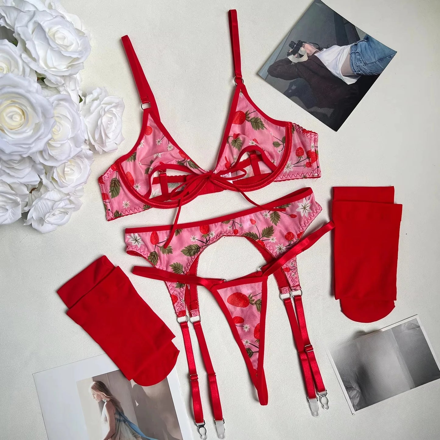 Hot Sexy Red Flower Lingerie Sets for Women Fancy Underwear Set Cut Out Bra and Thong Lace Garter Belt Stockings Erotic Costumes