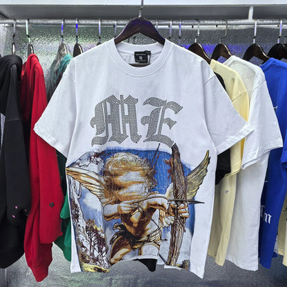 MIXED EMOTION Shirt Rhinestone Short Sleeve Men Women T-shirt Streetwear 100% Cotton Loose Round Neck Top Tees Oversized Tee Top