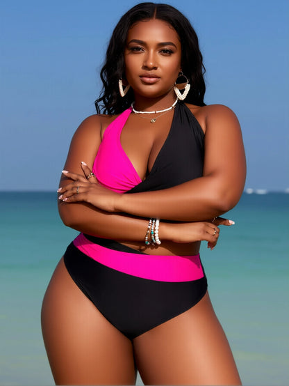 Women's Colorblock Criss Cross Halter Neck Bikini Set, Casual Wrap Swim Top & Swim Bottom Neon Swimsuit for Beach Holiday Vacation, Ladies Swimwear for All Seasons, Bikinis Sets, Beach Bathing Suit, Bikini Swimsuit Outfit, Cl