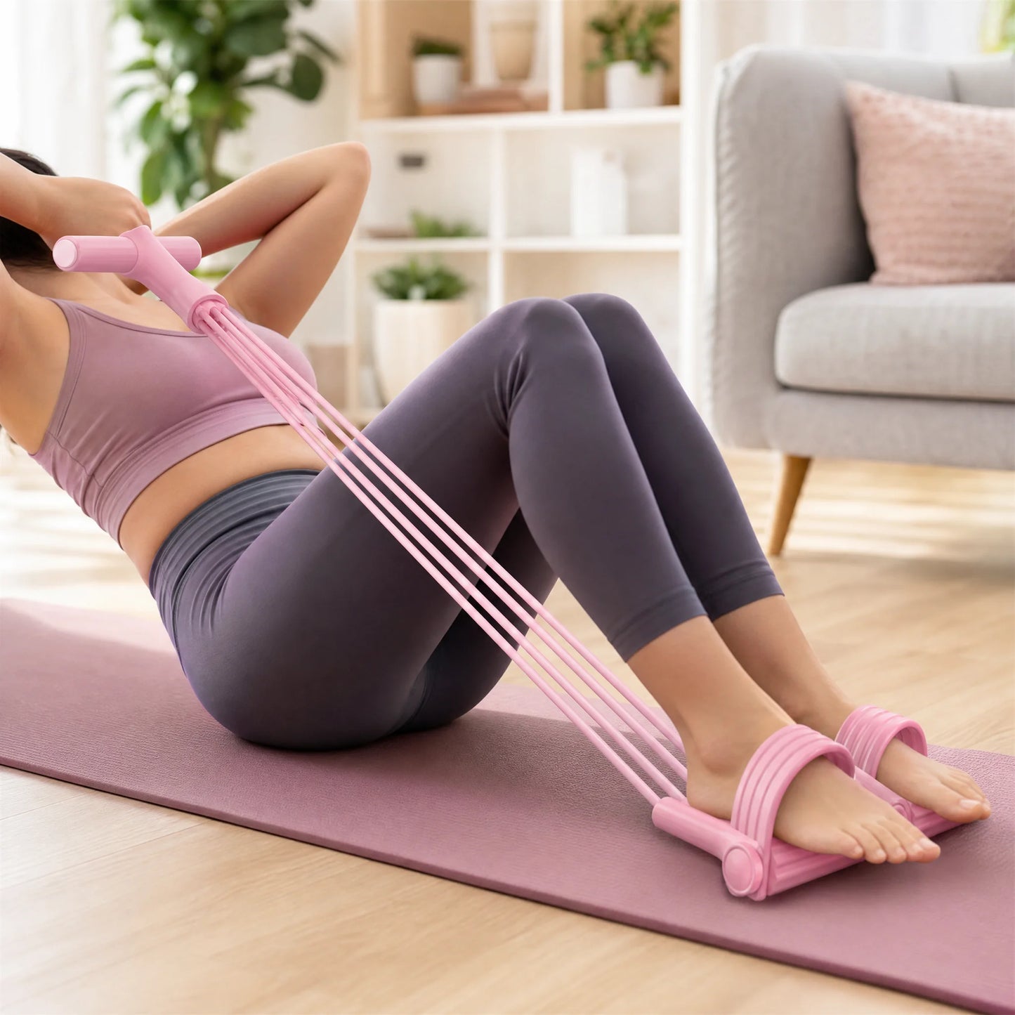 6-Tube Resistance Band Trainer Pink Sit Up Assistant Equipment Pedal Pull Rope Elastic Fitness Home Gym Leg Arm Waist Toning Exercise