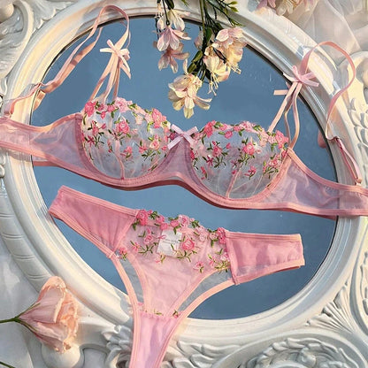 Transparent Women Red Lace New Embroidery Floral Ultra-thin Exquisite Underwear Bra Set