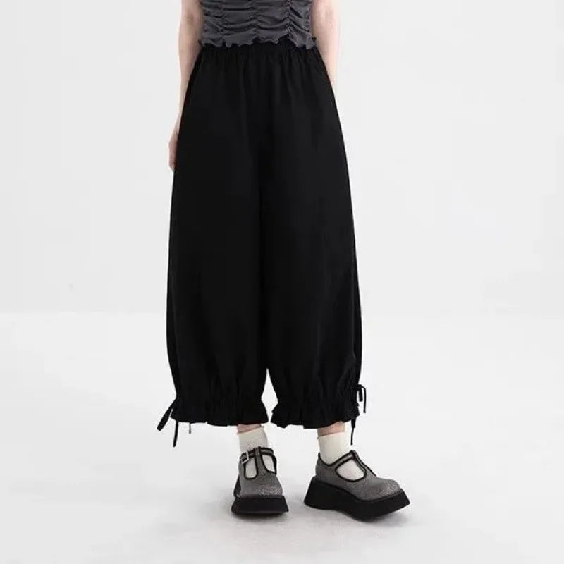 Women's Black High Waist Wide Leg Pants Drawstring Cuff Ruffled Casual Trousers