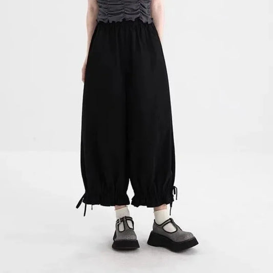 Women's Black High Waist Wide Leg Pants Drawstring Cuff Ruffled Casual Trousers