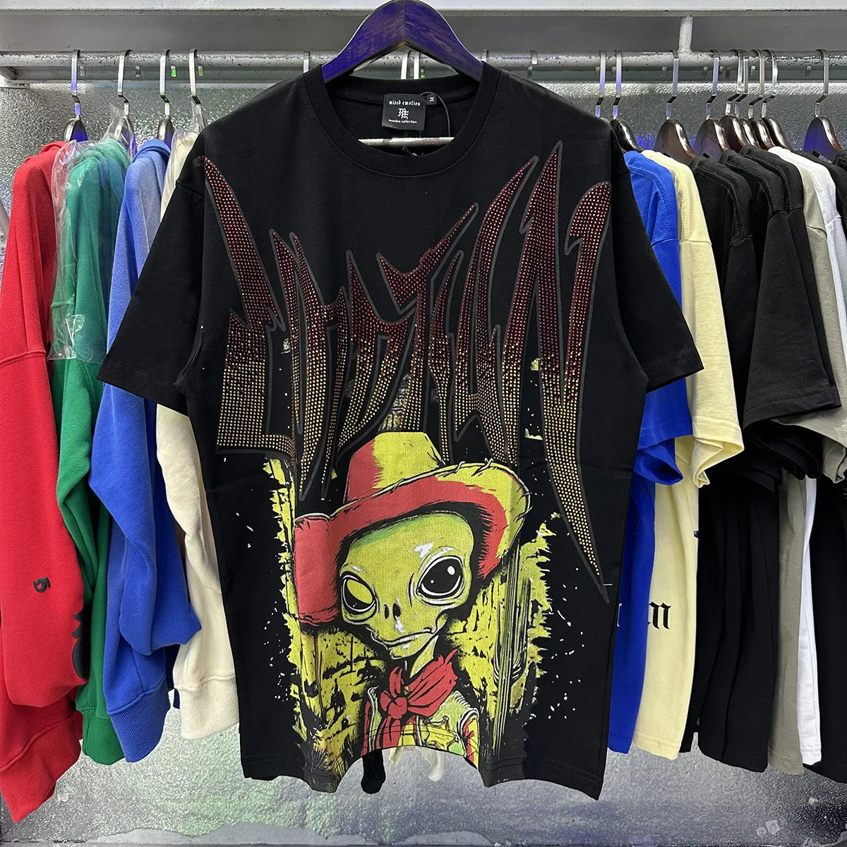 MIXED EMOTION Shirt Rhinestone Short Sleeve Men Women T-shirt Streetwear 100% Cotton Loose Round Neck Top Tees Oversized Tee Top