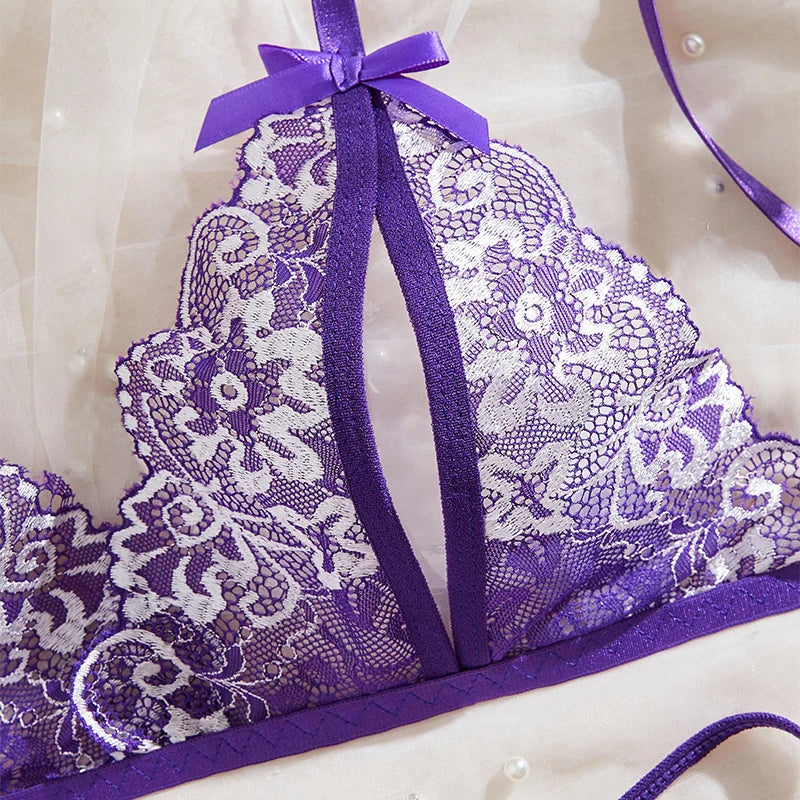 Floral Lace Bra Set Bow Intimates Bra And Thongs Sets Outfit Women's Underwear Set