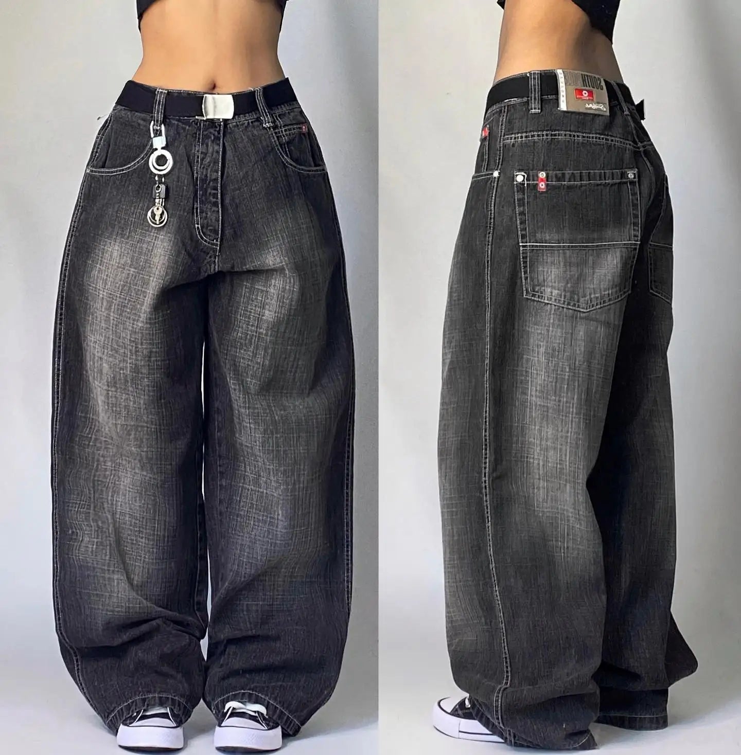 Y2K New Fashion Pink Pattern Patch Loose Jeans Women Gothic Harajuku Hip Hop Casual Joker Wide Leg Denim Trousers