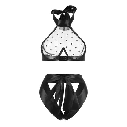Sexy Adult Push Up Bra 2pcs Ultra-Thin Mesh Sexy Bra And Thong Set Hollow Halter Neck Sexy Lingerie For Women Lencerias Sexy