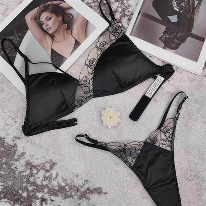 Women Underwear Set Sexy Silken Triangle Cup Wireless Bras French Bralette Seamless Intimates Bra and Thong Lingerie Set
